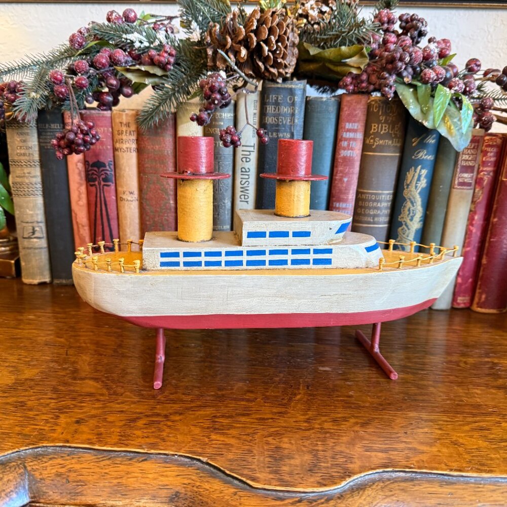 Unique Hand carved Wooden Ship Candle Holder 12.5" Long - Picture 9 of 17